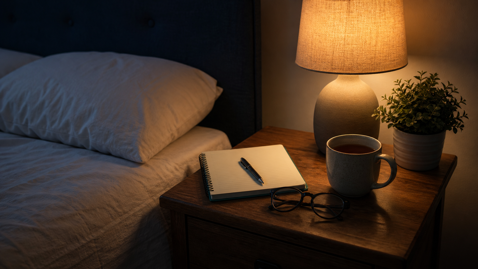 A quiet nightstand with a notebook, pen, tea, reading glasses, and a warm lamp beside the bed.