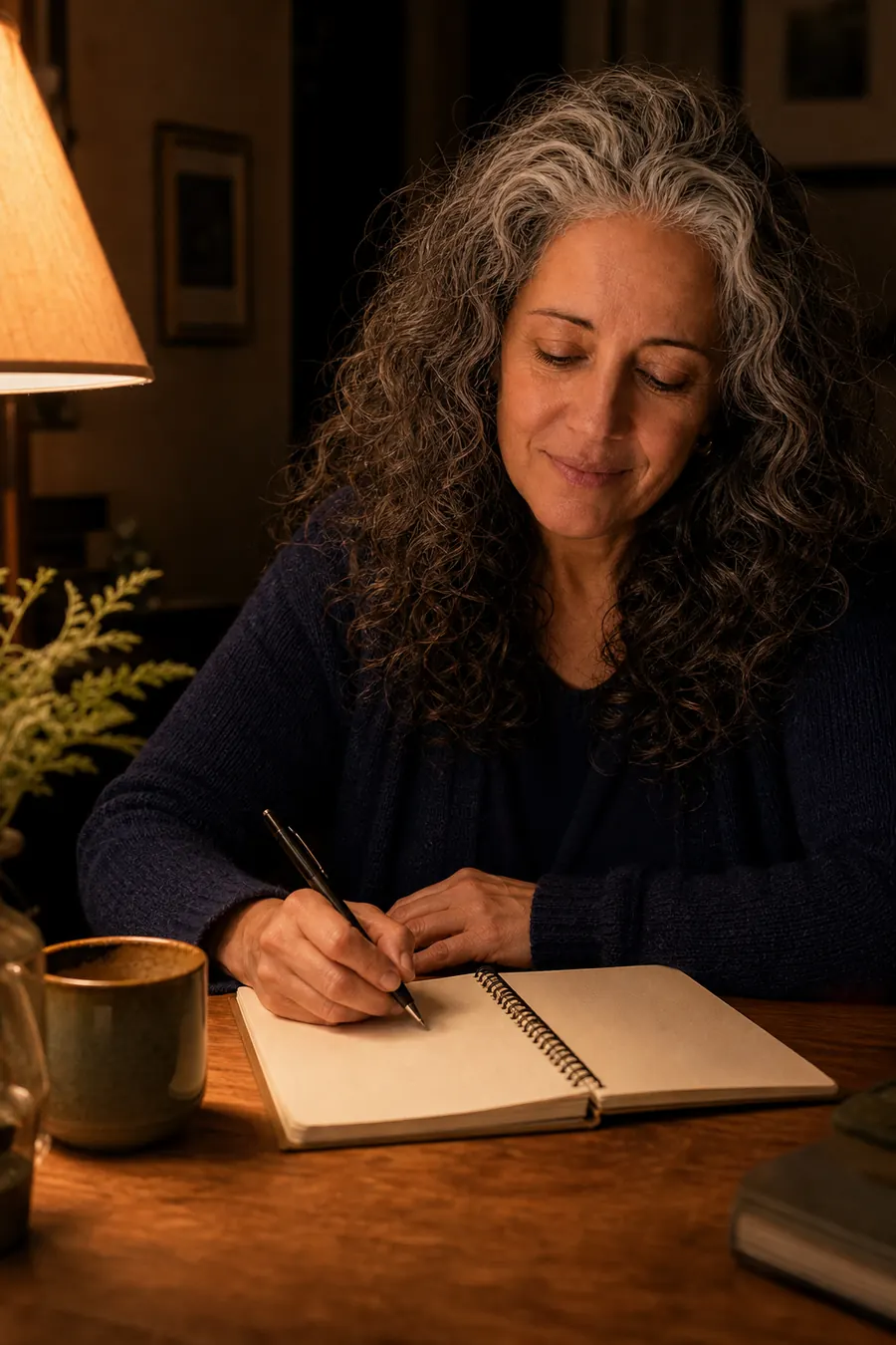 Nora Vale writing in a notebook under warm evening light.