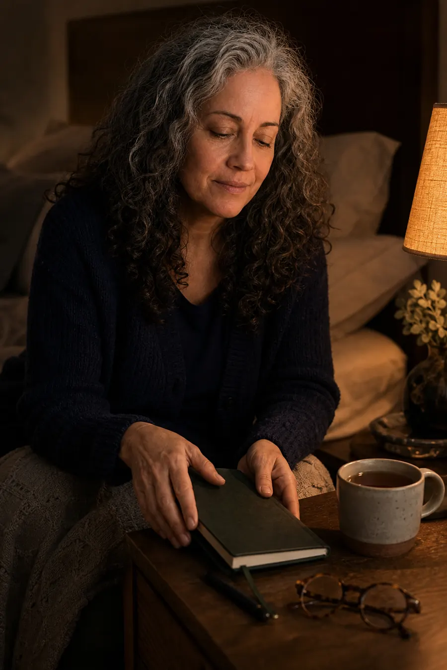 Nora Vale gently closing a notebook on a bedside table.