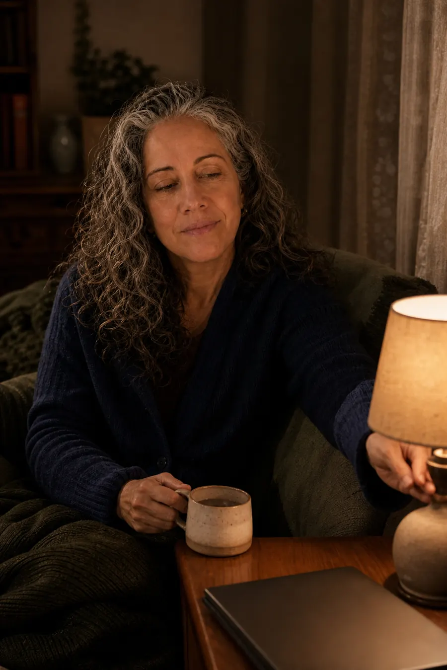 Nora Vale dimming a lamp with tea nearby.