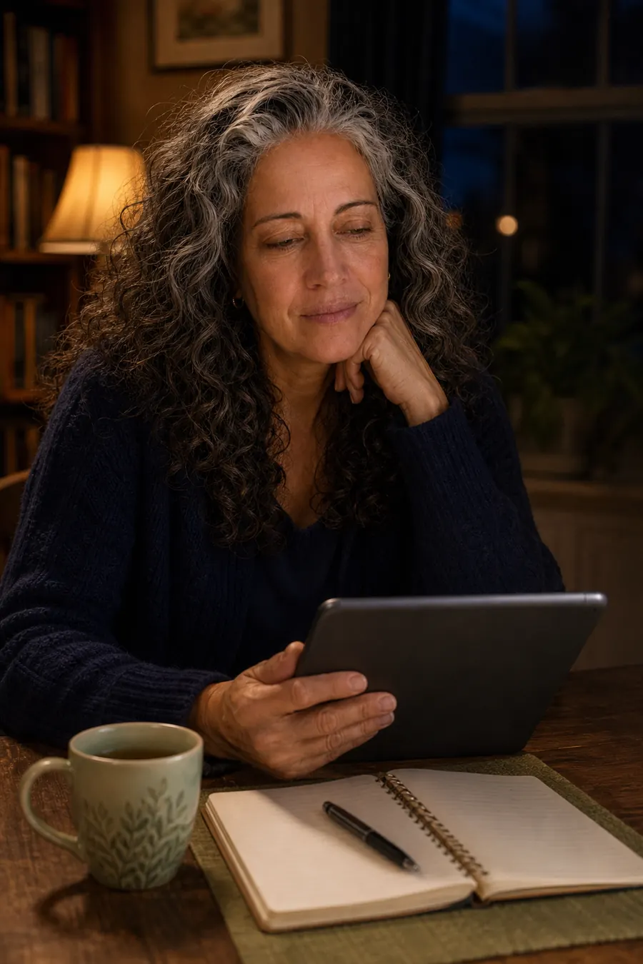 Nora Vale opening a simple digital guide beside a notebook and tea.