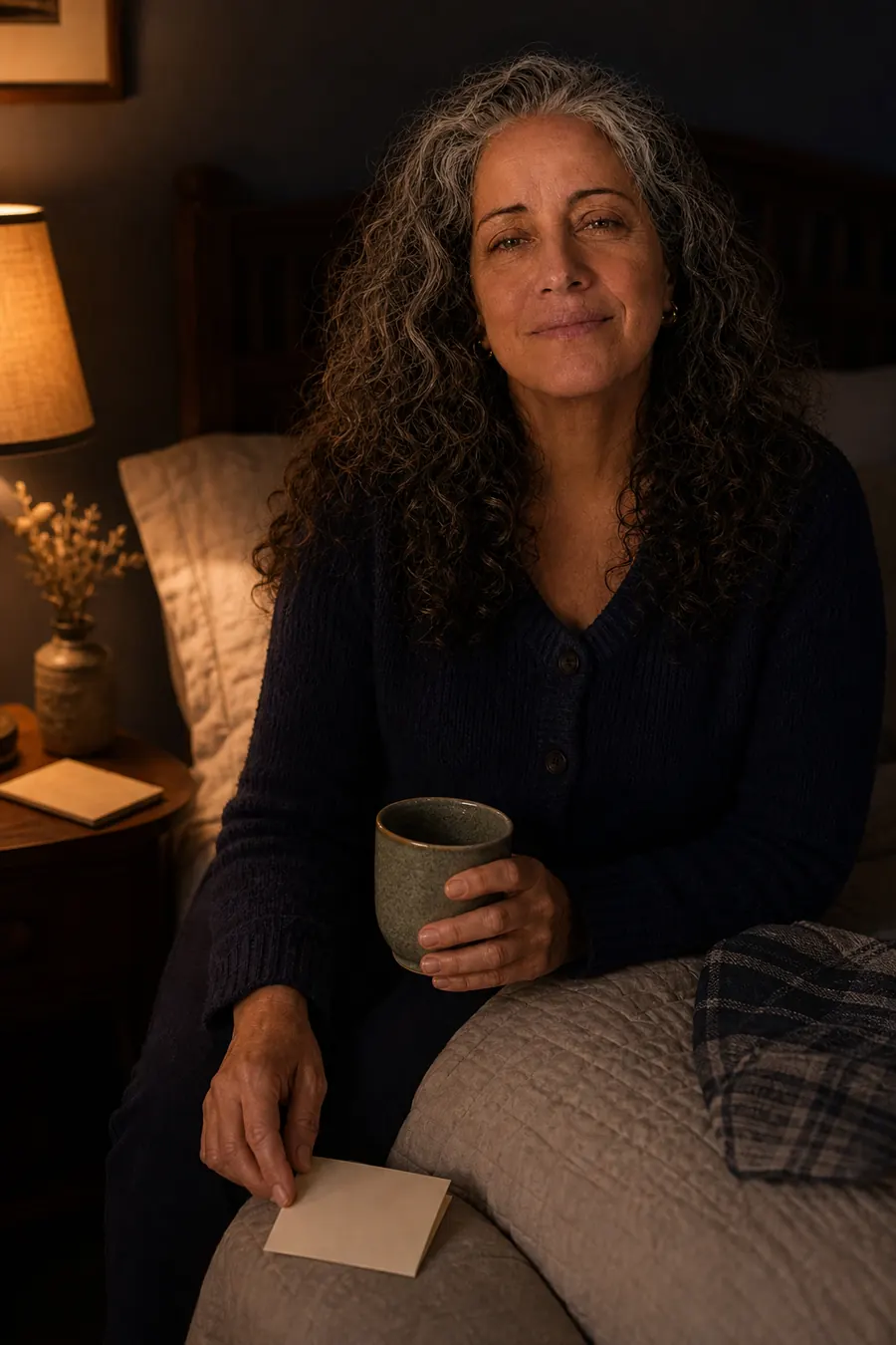 Nora Vale sitting quietly on the bed with a cup of tea during a louder night.